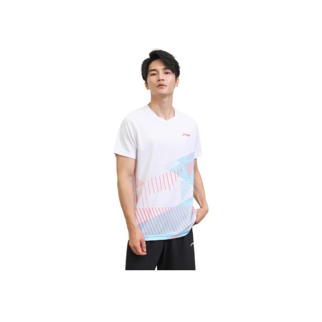 Li-Ning Color Block Striped Sports Quick-Dry Breathable V-Neck Short Sleeve T-Shirt Unisex Tops White AAYT779