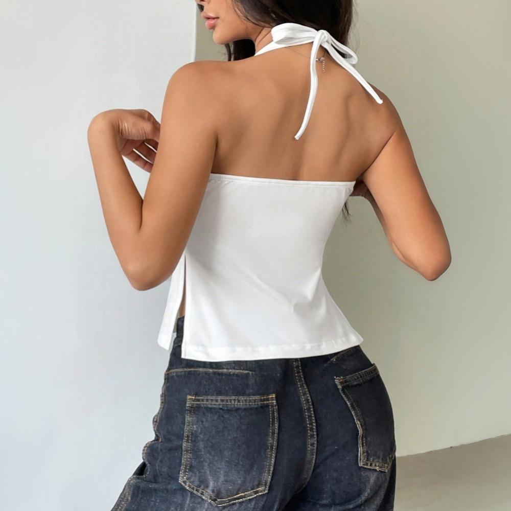 Temu hot-selling women's clothing spring and summer sexy lace-up neck T-shirt slim-fitting top