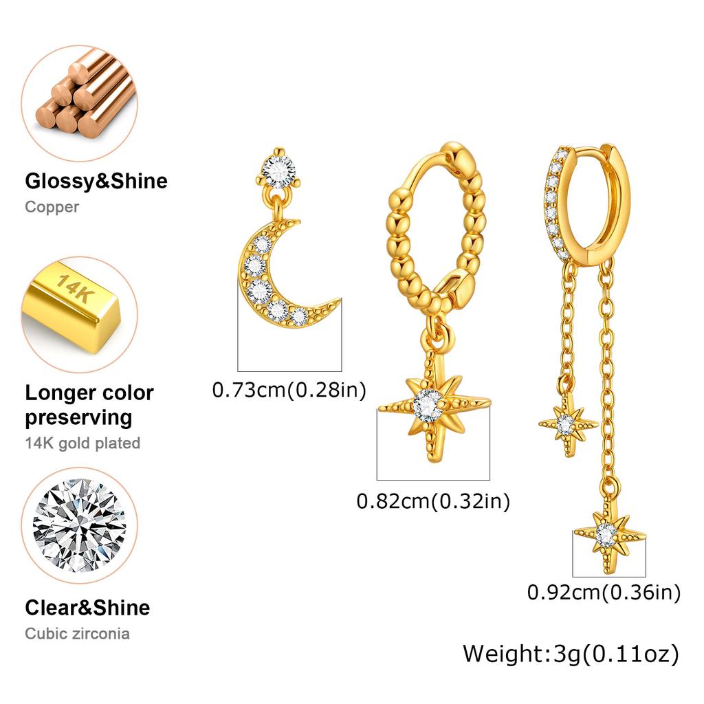 Vnox 3pcs/set Dainty Cubic Zirconia Earrings,18K Gold Plated Star Moon Pendant Hoop Stud Earring,Luxury Jewelry Set Party Gifts