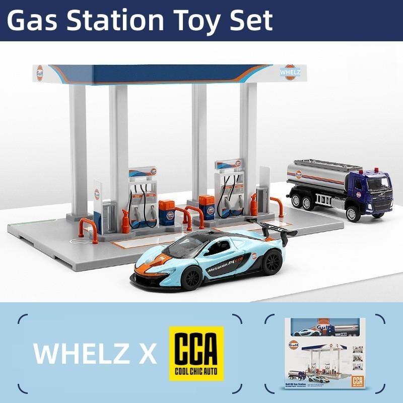 

1:64 Gas Station Toy Model, GULF & Shell Sence Miniauto, Educational Collection For Kid, VOLVO Oil Tank Truck, Nissan, McLaren