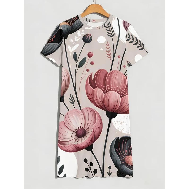 Plus Size Women Summer Midi Dress O Neck Short Sleeve 3D Floral Print Loose Casual Beach Holiday A-line Dresses