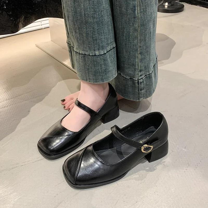 Design Office Lady Pumps Shoes Casual Thick Heel Buckle 2025 Spring Autumn Female Square Toe Mary Jane Shoes