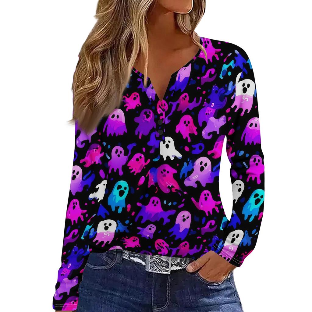 Women's Casual Long Sleeve T-Shirt with Halloween Print V-Neck Button for Parties