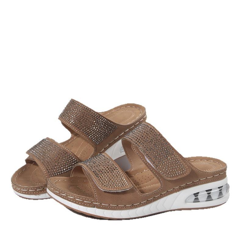 New Women's Shoes with Water Diamonds, One-line Thick-soled Air Cushion Wedge Heels and Flat Slippers