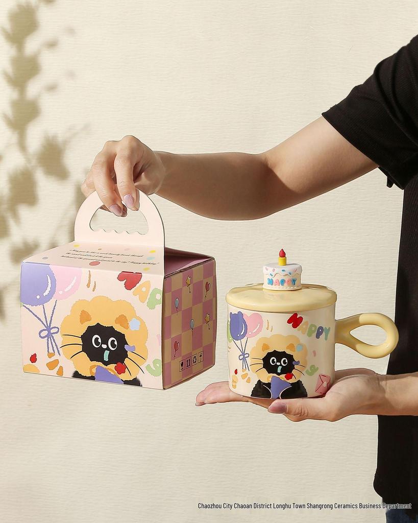 Birthday Cat Ceramic Mug - Cute Cake Design Coffee Cup Souvenir Gift