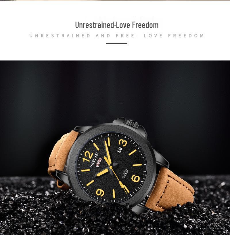 Hot-Selling Men's Fashion Quartz Watch: Waterproof, Luminous, Genuine Leather Strap