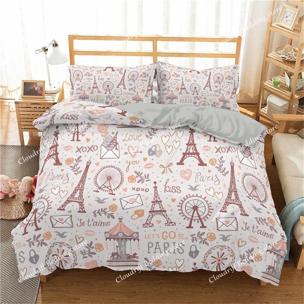 Eiffelturm Bettwäscheset Queen-Size Paar Valentinstag Bettbezugset für Frauen Romantisches Paris Bettbezug Raumdeko