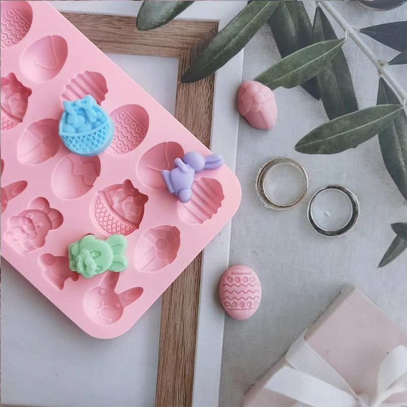 1Pc 18 Cavity Easter Silicone Mold Rabbit Colored Egg Chocolate Cake Mold Holiday Decoration Baking Tools Manual Soap Mould