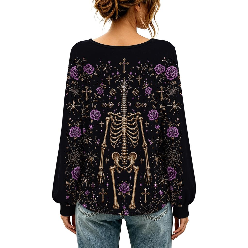 Women's Round Neck Long Sleeve Halloween Print Blouse Top for Party Wear