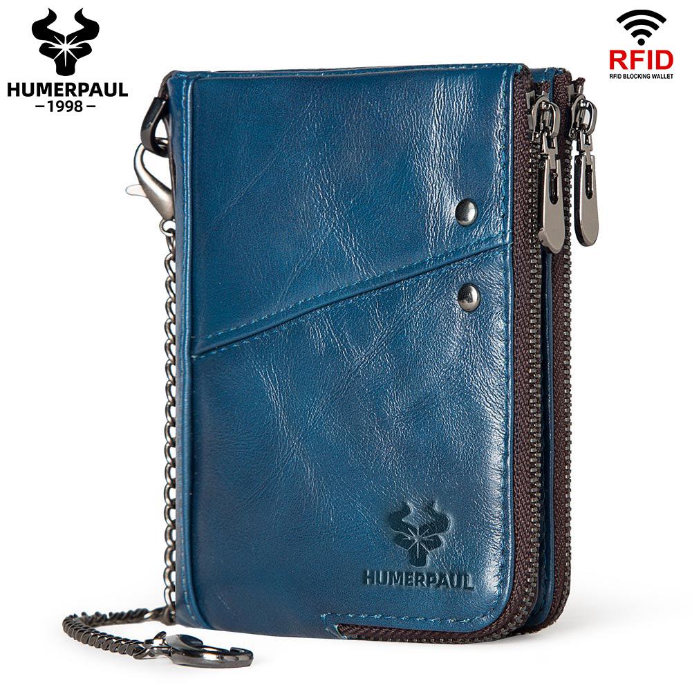 Humerpaul Echt leer RFID-blokkerende dubbele rits Herenportemonnee Bifold Slanke horizontale portemonnee blauw