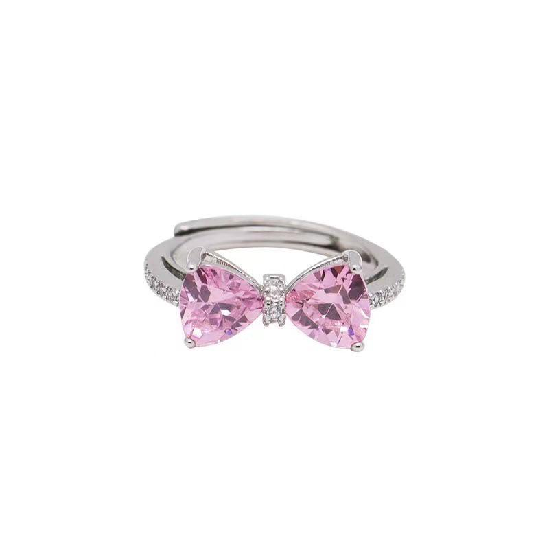 Prinzessinnenschloss Rosa Schleife Offener Ring Damen Rosa Diamant Zirkon Mikro-Pavé