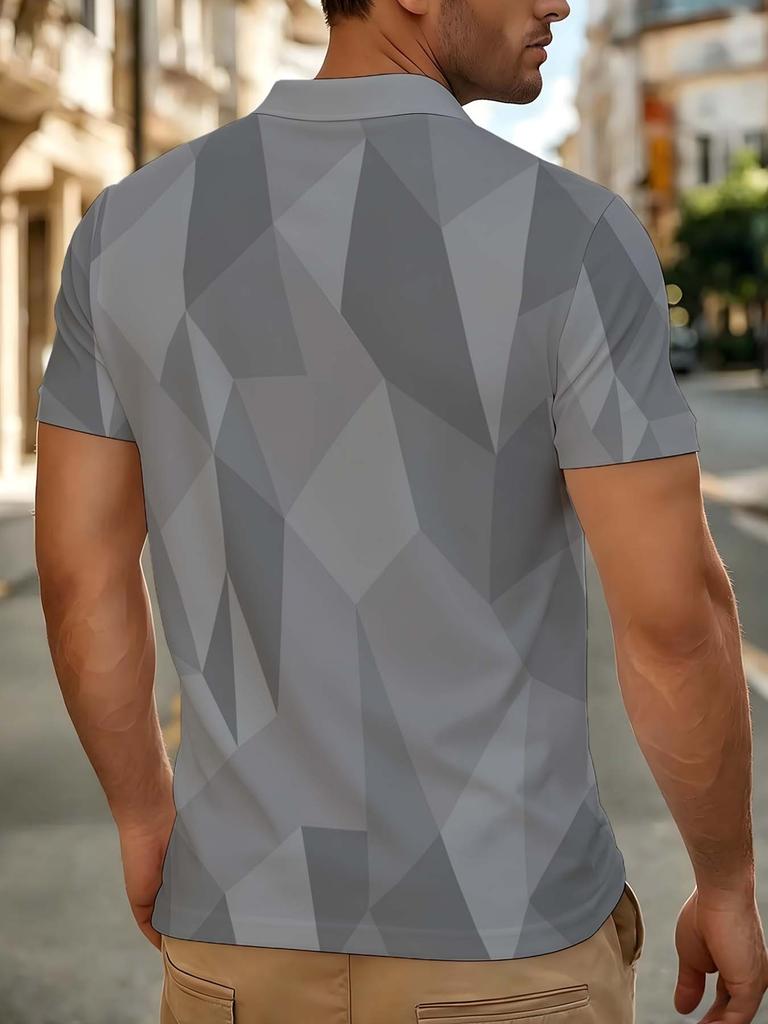 [Printed Design – Not Textured] Gray Gradient Geometric Triangle All-Over Print Men's Short Sleeve Polo Shirt