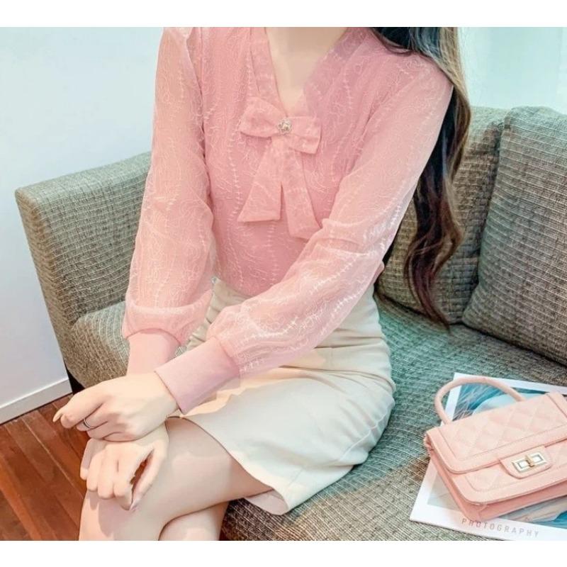 Korean Style Bow Spring and Autumn Collar Shirt Women s Sweet Long Sleeve Top S розовый