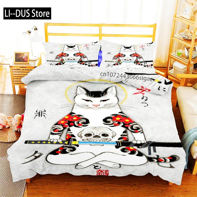 Phechion Samuray Kedi Dövmesi 3D Baskı Yatak Takımı Yorgan Kılıfları Yastık Kılıfları Tek Parça Yorgan Yatak Takımları Yatak Örtüsü Yatak K580