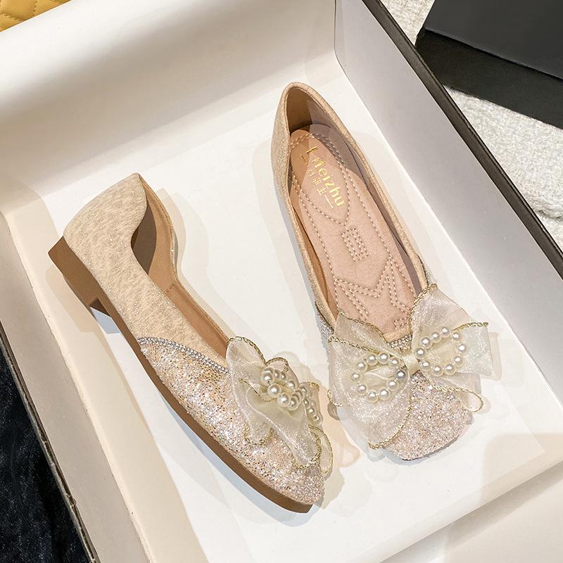 Lace Bow Flats Shoes Women Pearl Strings Lolita Shoes Crystal Beading Moccasin Slip On Loafers Women Espadrilles Plus Size 43