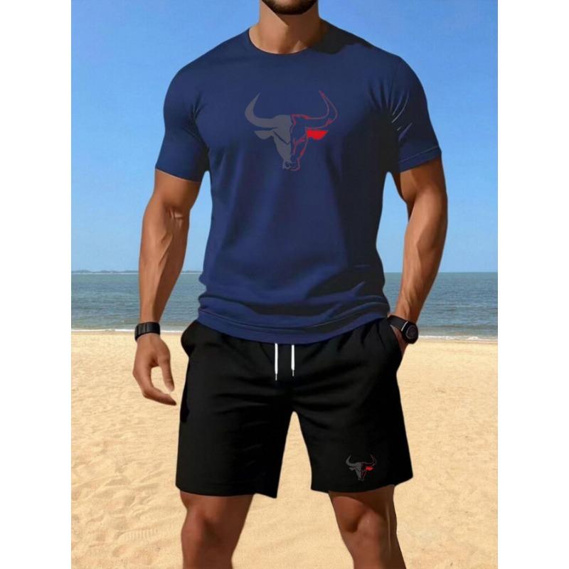 Modisches und einfaches Rundhals-T-Shirt für Herren, Kurzarm-Oberteil und Shorts mit Kordelzug, Zweiteiliges Set, Geeignet für legere Outdoor-Kleidung im Sommer