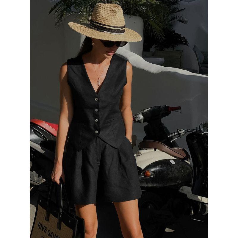 European and American Design Cotton and Linen Suit Vest Shorts Leisure Vest Set Women Suit Vest Shorts Set