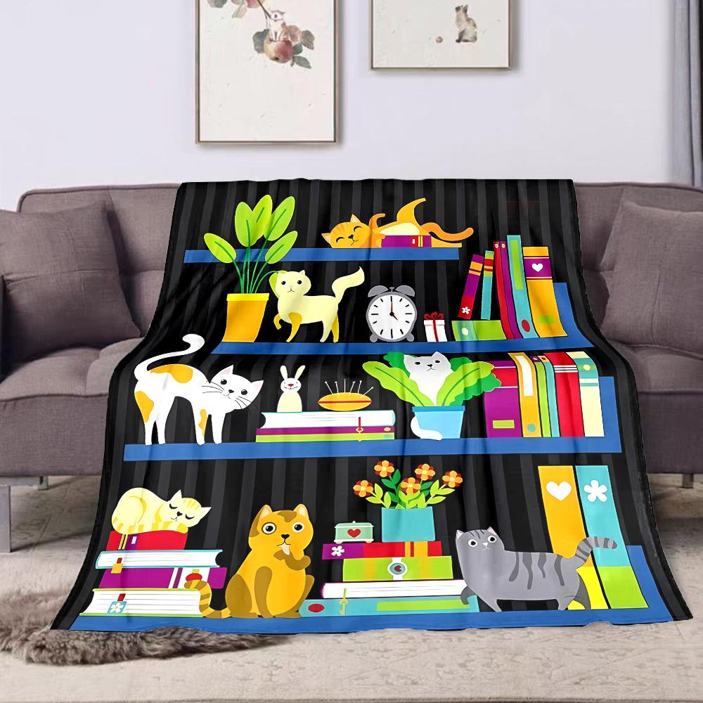 Cute Cats on Bookshelf with Plants Patterned flannel blanket perfect for the bedroom living room, sofa, or a little nap