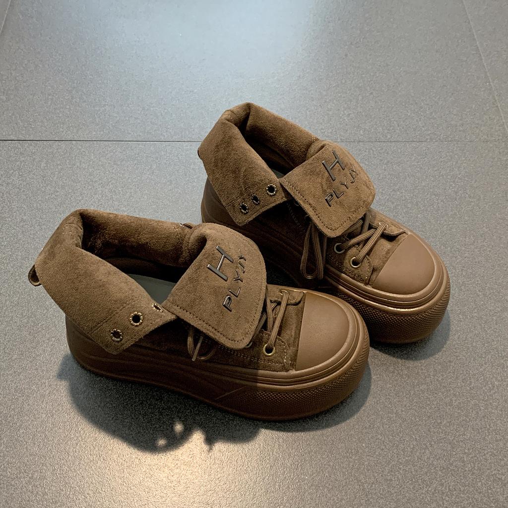 Queen Fan retro thick-soled high-top canvas shoes women's 2025 new autumn heightening soft-soled casual board shoes