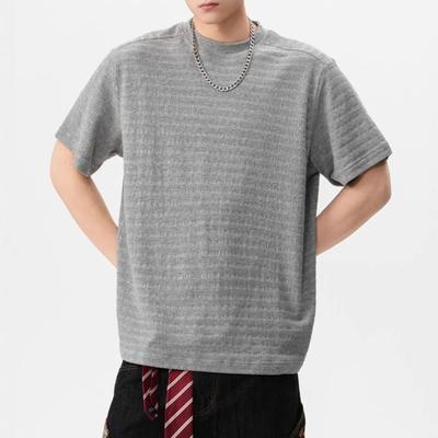 Men T-shirt Round Neck Short Sleeve 3D Striped Jacquard Design Tee Shirt Solid Color Loose Fit Summer Casual Tops
