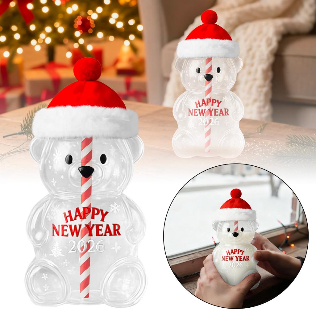 Bear-Shaped Glass Straw Cup: Cute Transparent Design, Green Hat Water Cup