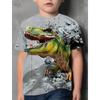 Round Neck 3D Dinosaur Printed Top Casual Short Sleeved Children's Boy T-shirts - Soft Medium Stretch Polyester Fabric Summer Relaxed Fit Clothing