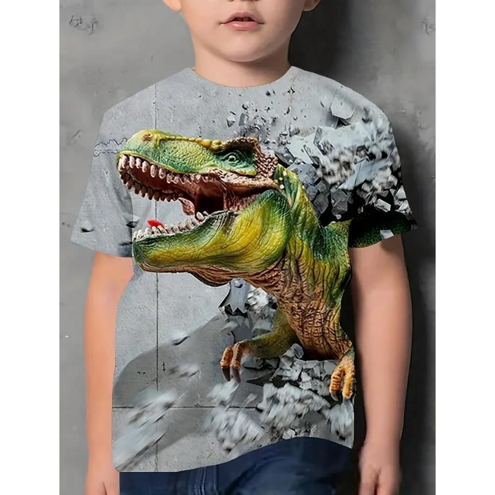 Round Neck 3D Dinosaur Printed Top Casual Short Sleeved Children's Boy T-shirts - Soft Medium Stretch Polyester Fabric Summer Relaxed Fit Clothing
