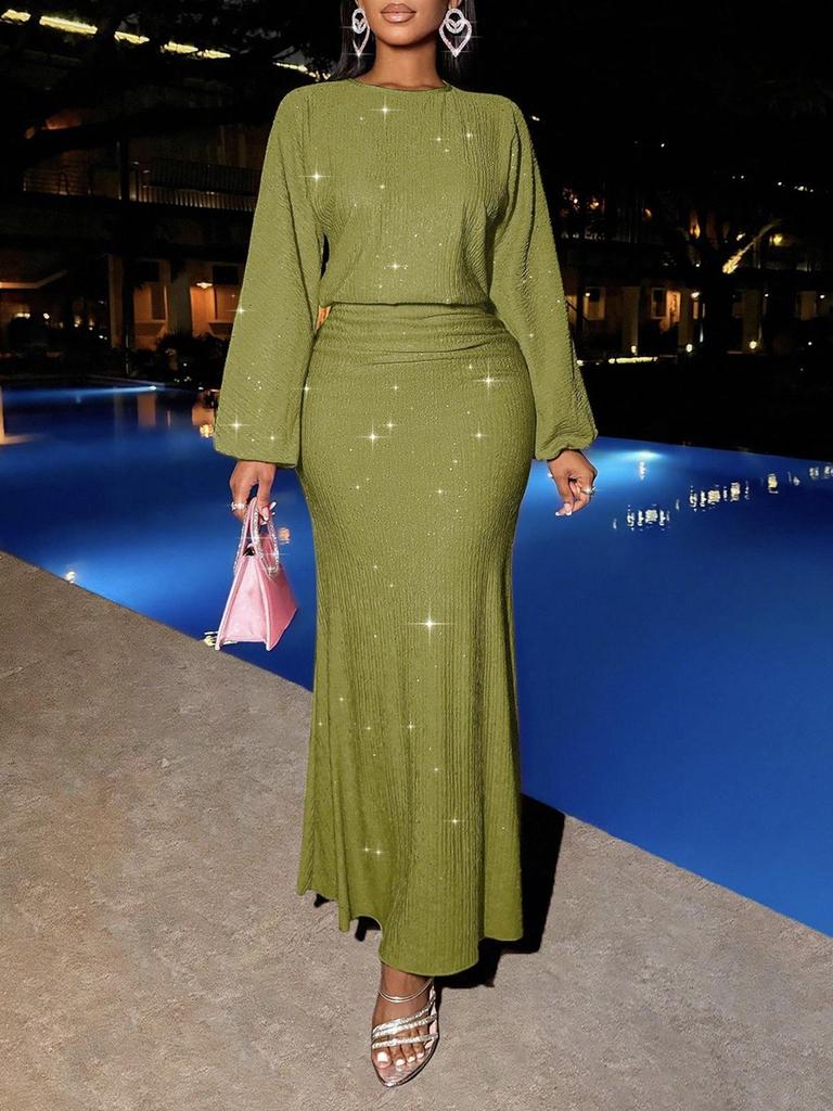 New Style Rhinestone Long Sleeve Fishtail Ruffles Pleated Dress