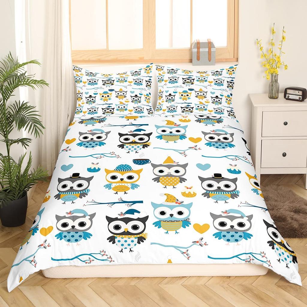 Cartoon Owl King Queen Duvet Cover Gray Cute Animal Bedding Set Pink Orange Grey Flowers Comforter Cover Polyester Quilt Cover