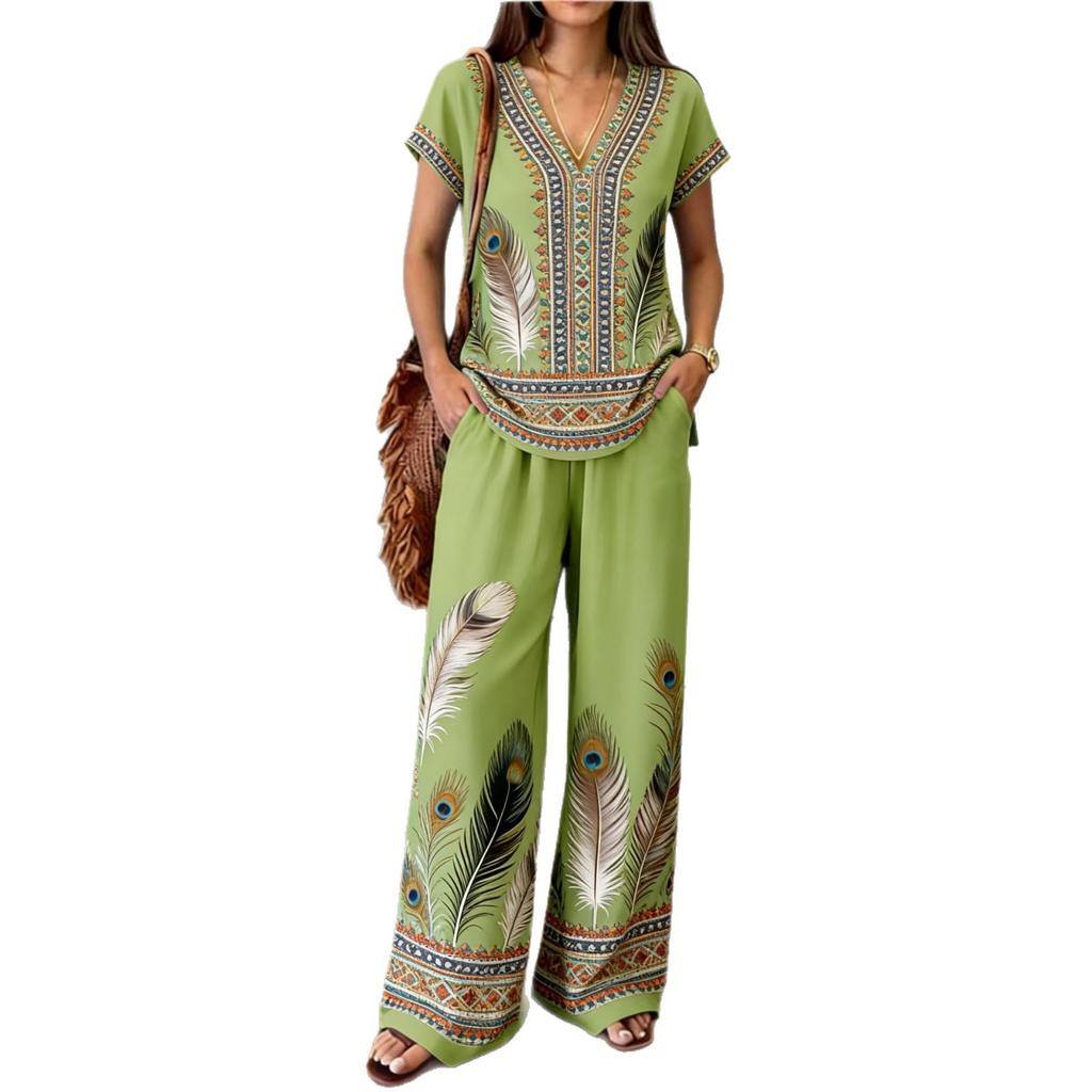1116 Summer Vintage Print Set Elegant V-Neck Cut, Loose Wide Leg Pants Atmosphere Vacation Two-piece Set Women