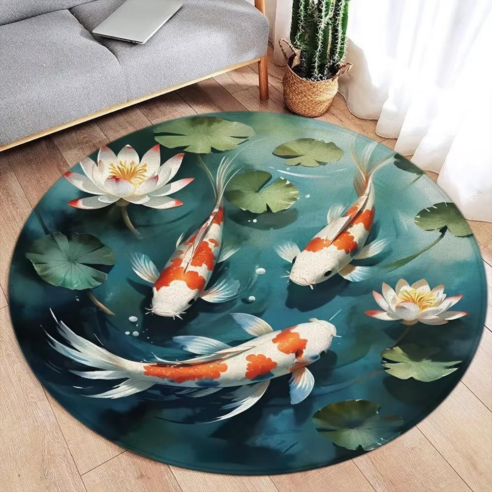 Japanese Style Round Carpet Koi Fish Lotus Cherry Blossom Flower Mountain Water Ink Art Home Living Room Bedroom Decor Floor Rug