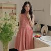 Summer retro sleeveless red plaid waist pleated age-reducing temperament vest dress