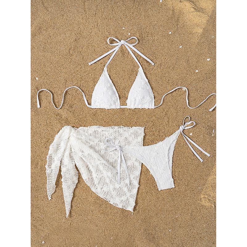 Solid Color Mesh 3 Pieces Bikini Set with Skrit Swimwear Women Sexy Halter Swimsuit Beach Bathing Suit