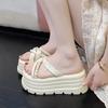 Fashion 8CM High Platform Slippers Women 2025 Summer New Thick-soled Ladies High Heels Beach Sandals Pearl Silk Ethnic style Flip Flops