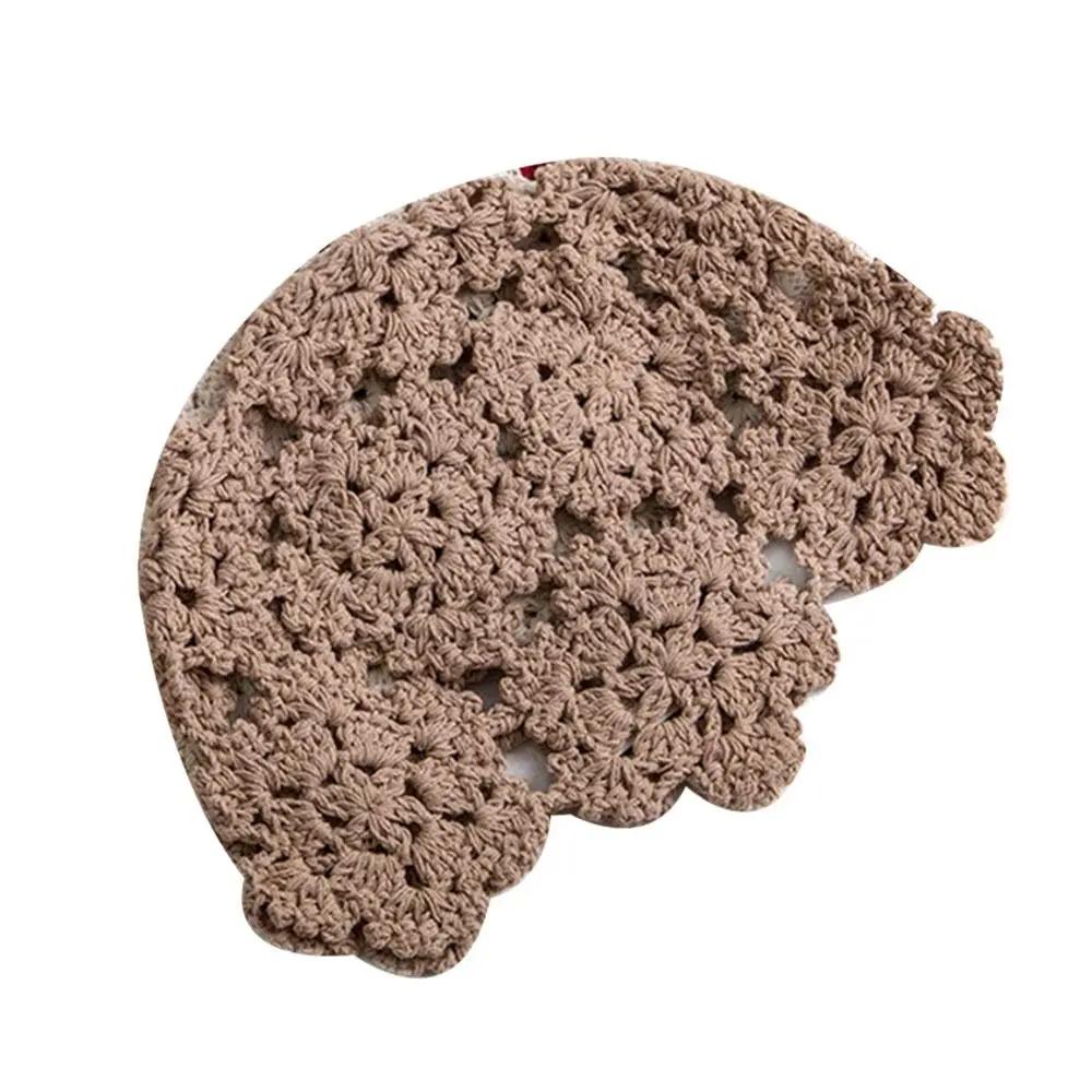 Дышащая ажурная вязаная шапка с цветами, повседневный берет, летняя модная шапка, дышащая хлопковая шапка-бини, солнцезащитный козырек, женская хаки