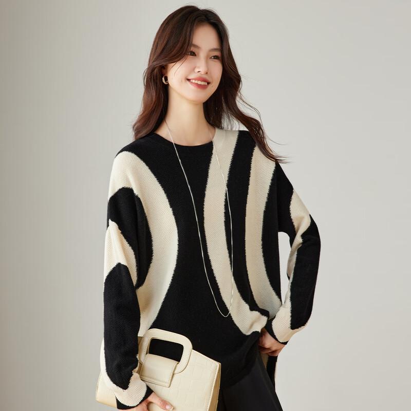 Women's 100% Wool Color-block Round Neck Sweater