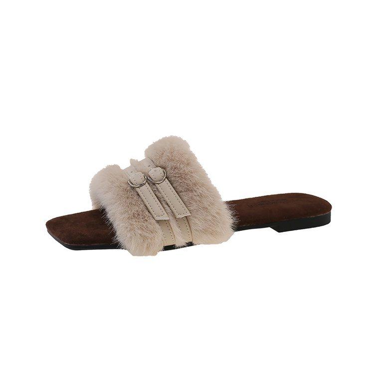 [Youshilai] New one-word fluffy slippers women's 2025 autumn and winter wear versatile temperament fairy wind cotton slippers