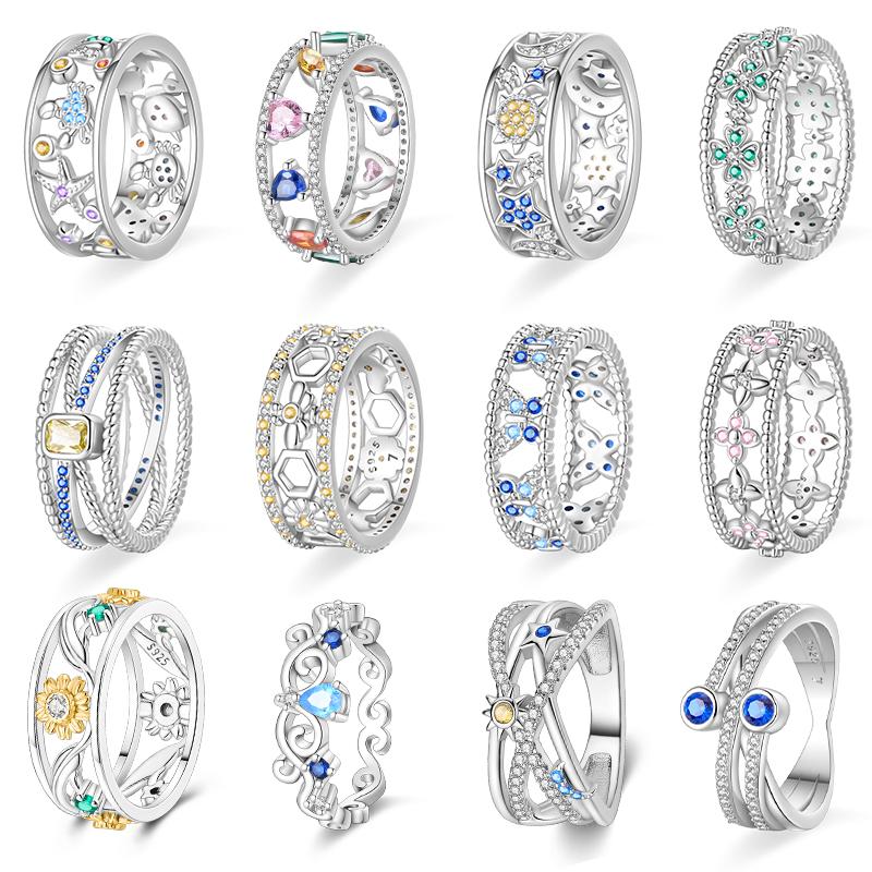 New 100% 925 Silver Fashion Sunflower Sun Moon Wide Rings Classic Heart-Shaped Crown Female Rings Elegant Party Jewelry