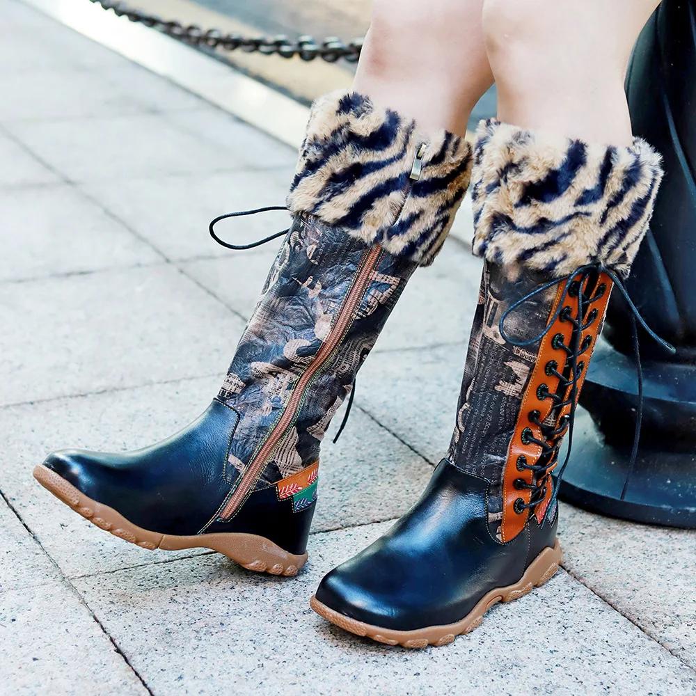 

Women s Boots Knee High Retrofashion Boots Flat Heels Autumn and Winter New Printed Splicing With Comfortable Flat Bottom Boots 36 темно-синий