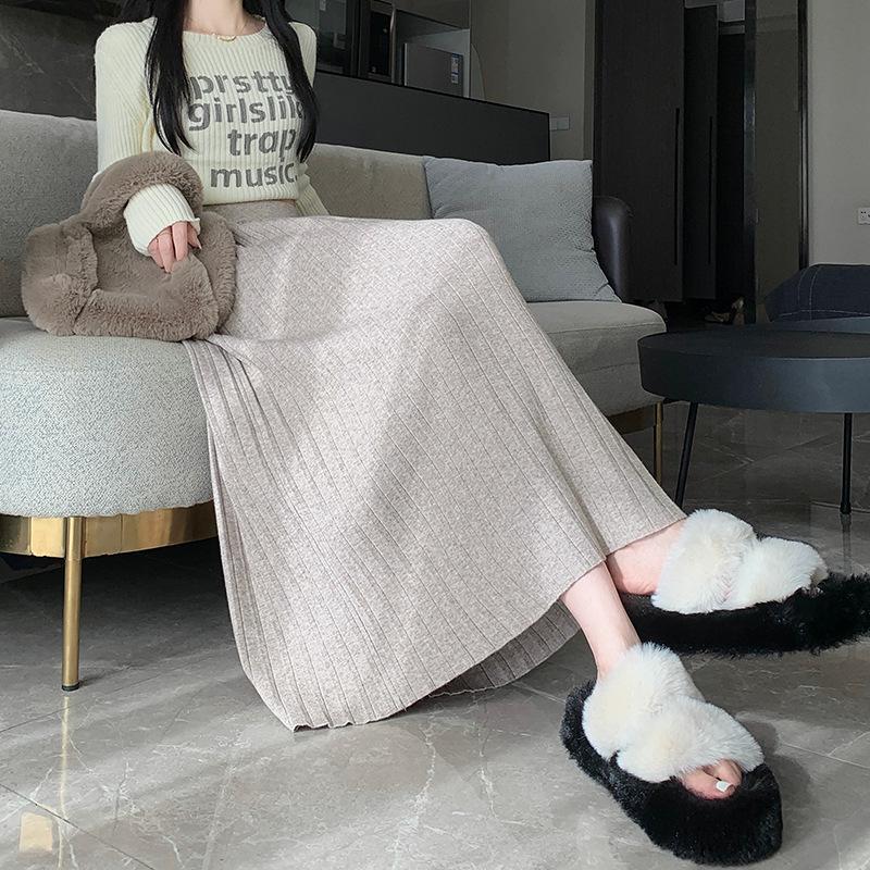 Knitted Pleated Skirt for Women Mid Length High Waisted and Slimming A-line Skirt