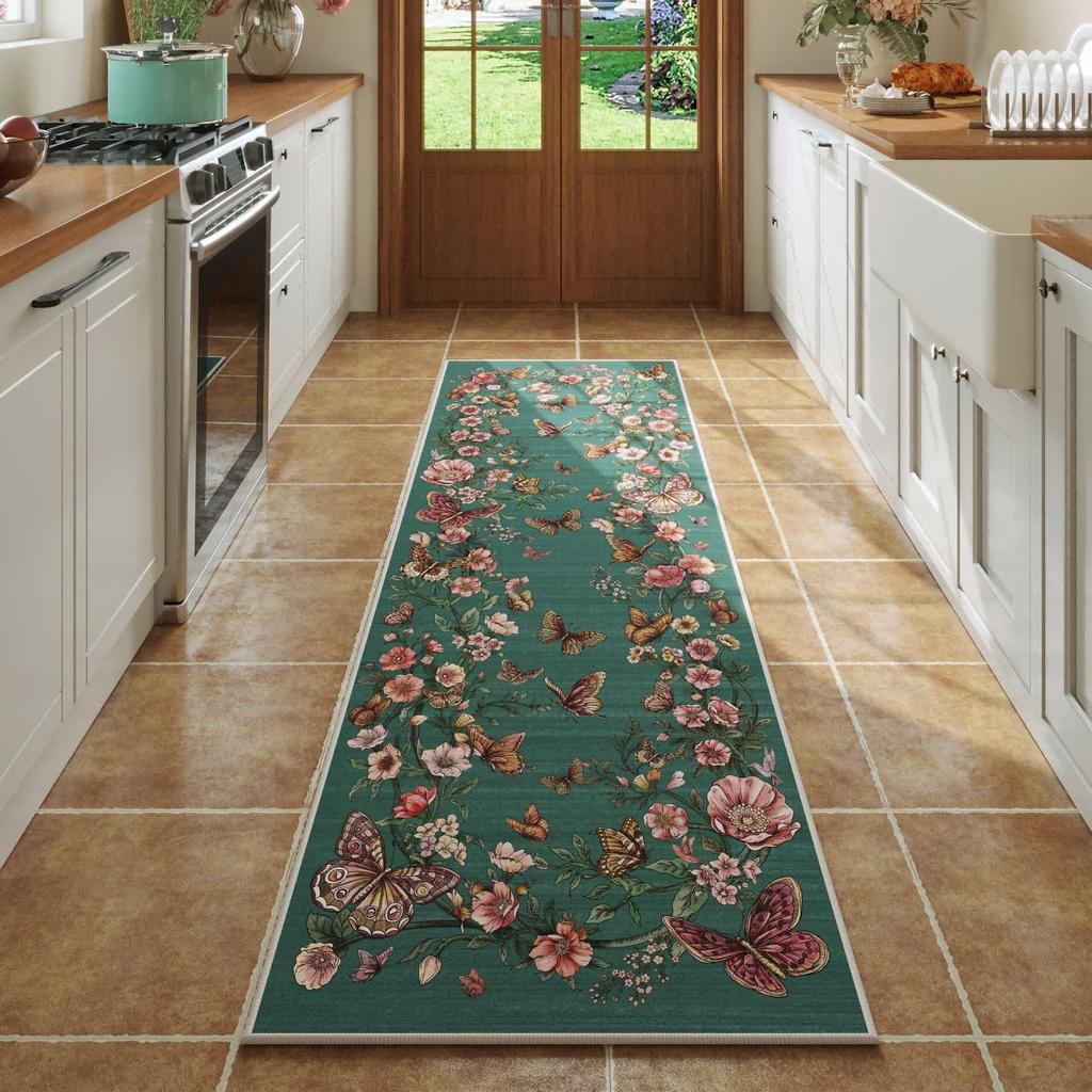 American-Style Floral Carpet, Moisture-Proof, Machine Washable, Hallway Rug, Bedroom Bedside Rug, Home Decoration