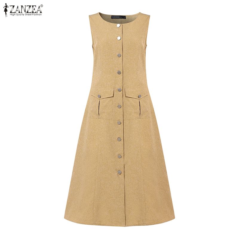 ZANZEA Women Summer Casual Round Neck Loose Sleeveless Dress