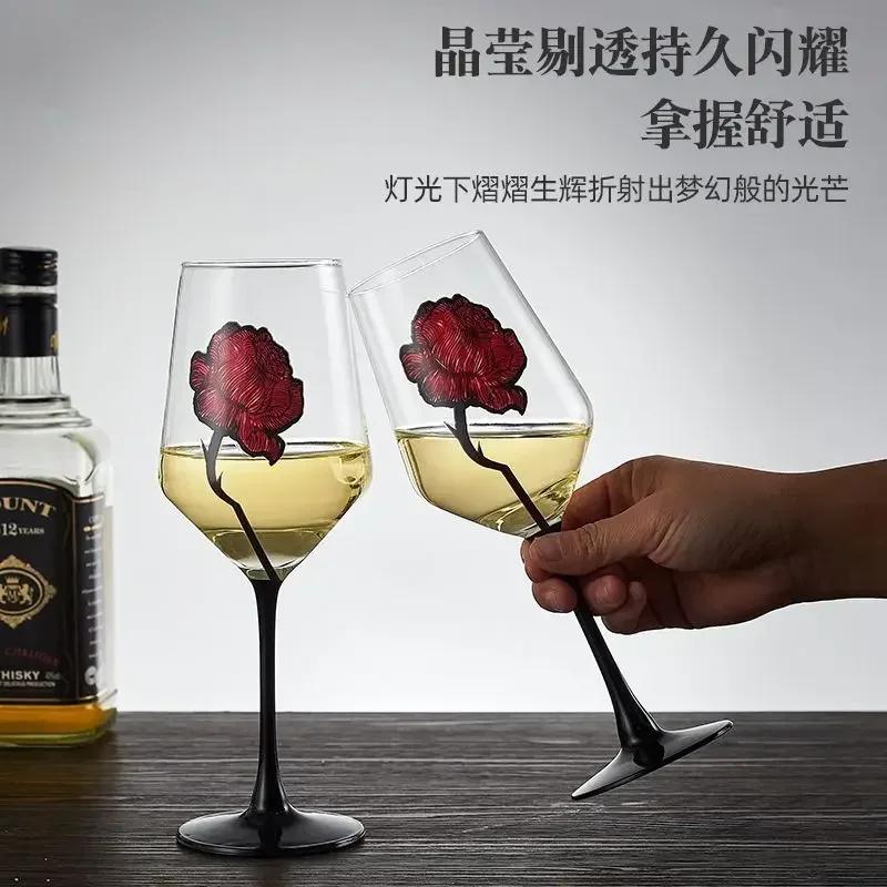 1pcs Hand Drawn Red Rose Patterned Cup Wedding Red Wine Champagne Glass Valentine's Day Wedding Rose Pattern Glass Wine Glass