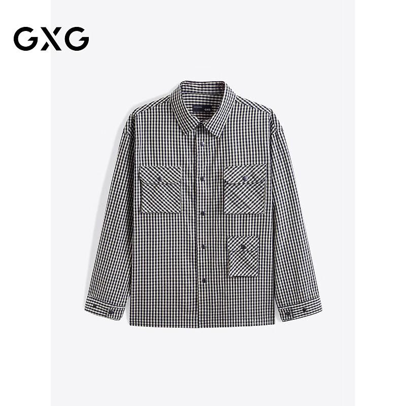 GXG Men's Black and White Plaid Pocket Long-Sleeve Casual Shirt
