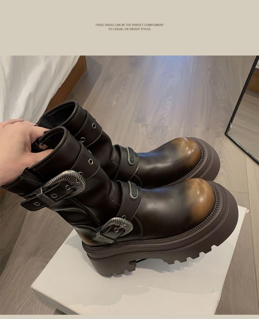 Buckle women's short boots 2025 autumn new black retro versatile small thick-soled fried street locomotive boots