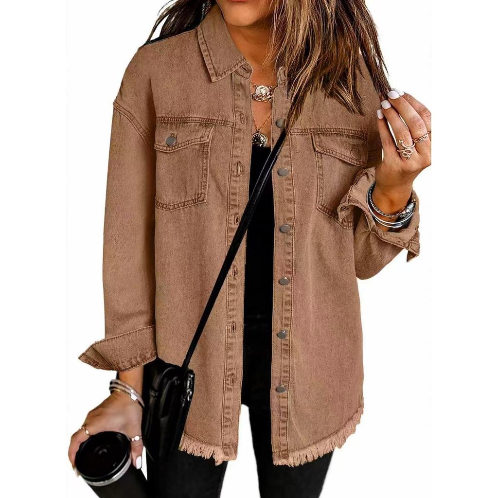 Autumn Winter Women's Washed Denim Shirt Jacket, Raw Edge Hem Street Style Coat with Vintage Finish, Oversized Shacket for Casual Wear