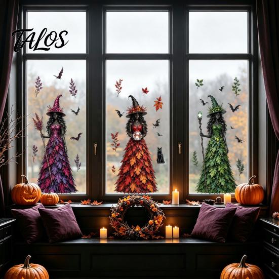 Removable Window Stickers Halloween Witch/Ghost Clings, Static Glass Stickers, Waterproof PVC Decals, Film Decorative for Home Store And Holiday Party