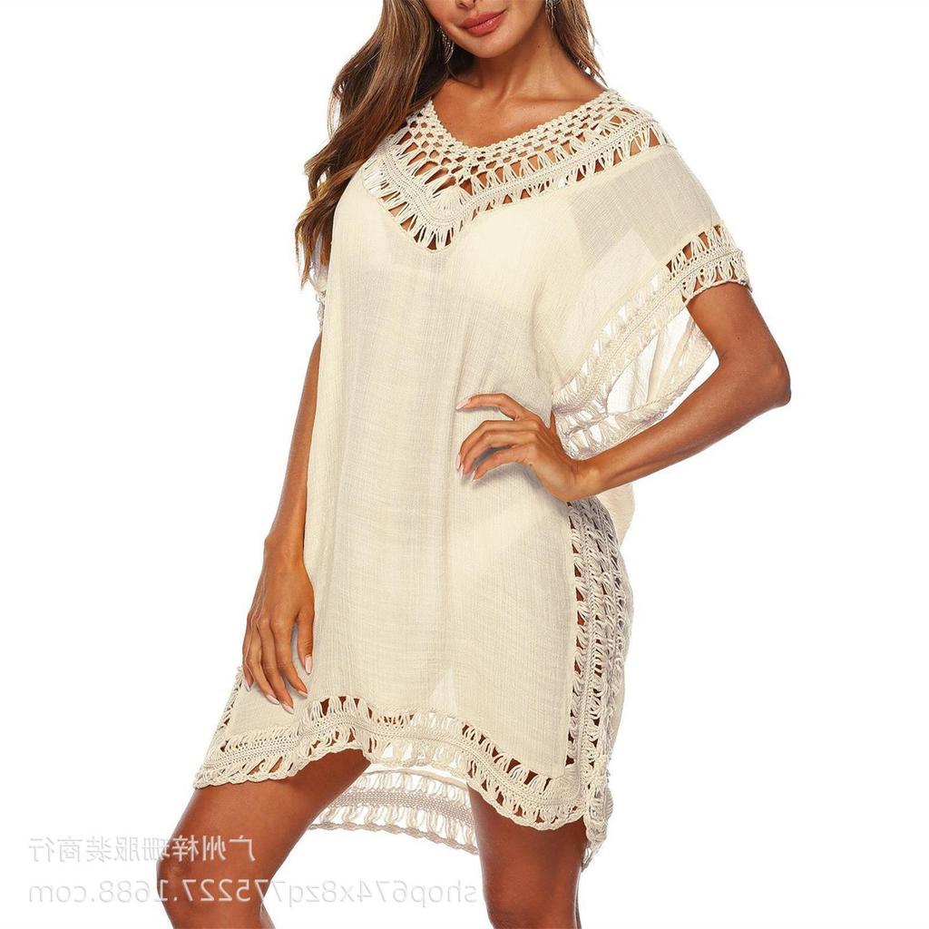 V-Neck Crochet Patchwork Beach Cover-Up Skirt - Sexy & Loose, Hollow-Out Design, Short Length, Available in 10 Colors