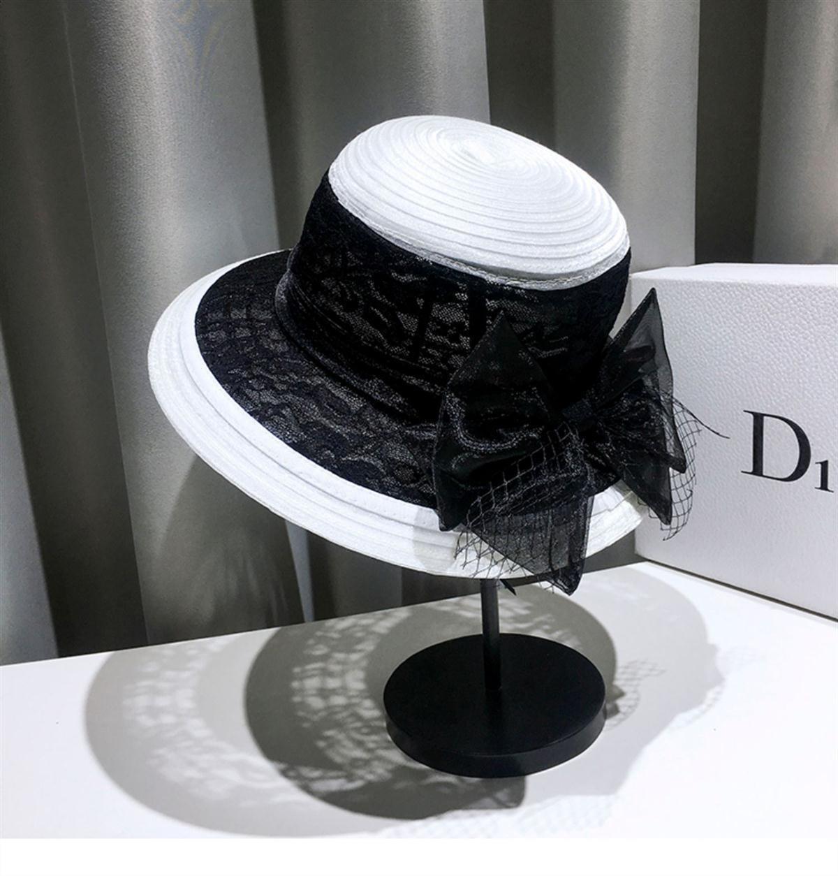 

Summer fashion lace mesh bucket hat women s color matching retro top hat elegant bow visor M（56-58cm）