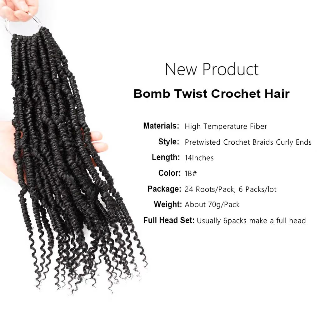 14-Inch Bomb-Twist Curly Synthetic Hair Wig High Quality Passion Twist Pre-Looped BT Crochet Extensions 70g Weight